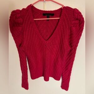 V-Neck Puff Sleeve Cable Pullover Sweater